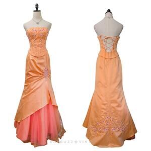 Y2K Prom Dress Maxi Gown 10 Orange Corset Vintage Glam Floral Mermaid Strapless